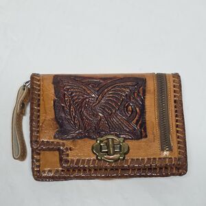 Vintage Handtooled Genuine Leather Eagle Embossed Mexico Logo Brown Wallet